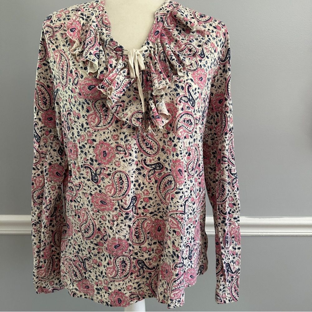 Chaps pink and blue paisley ruffle collar tie top size XL